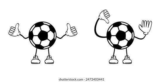 Comics, cartoon soccer ball mascot. Goal net. Soccer border on football grass field. Vector stadium, supporters. wk, ek sport finale, sports game. Street ball. Playground 2024, 2025, 2027