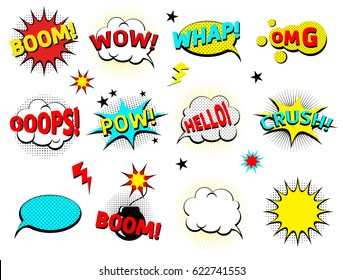 Comics Cloud With Boom, Oops, Pow, Wow And Crush Word. Vector Comic Sound Effects In Pop Art Style. Sound Bubble Speech With Word And Comic Cartoon Expression Sounds Illustration.