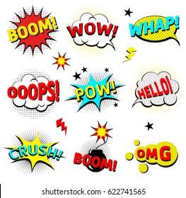 Comics Cloud With Boom, Oops, Pow, Wow And Crush Word. Vector Comic Sound Effects In Pop Art Style. Sound Bubble Speech With Word And Comic Cartoon Expression Sounds Illustration.