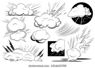 Comics clouds set. This illustration is a flat and cartoonish design of a set of comic clouds, perfect for adding a whimsical touch to any project. Vector illustration.