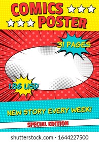 Comics colorful original poster with different wordings speech bubbles stars rays dotted halftone effects. Vector illustration