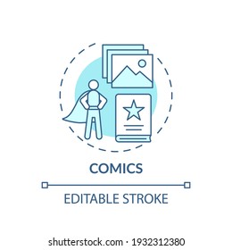 Comics concept icon. Online library catalogue idea thin line illustration. Entertaining literature is always at hand. New technologies. Vector isolated outline RGB color drawing. Editable stroke