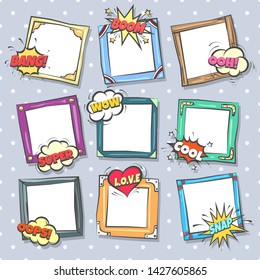 Comics design frames. Beautiful photo frame set with boom bubbles for design collage, funny cute comic photos collection for kids, vector illustration