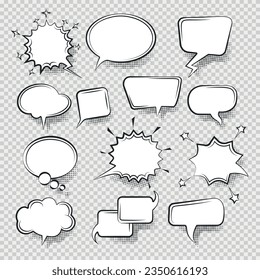 Comics drawing retro comic speak bubbles. Boom explode scream shouting cartoon elements, speech bubble balloons frames, talk clouds vector illustration