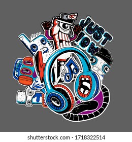 Comics dudes and cartoon graffiti headphones illustration. Boys t shirt design with monsters character and text Just now.