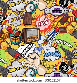 Comics Elements Seamless Pattern With Speech Bubbles Radio Weapon Rocket And Gavel On Yellow Background Vector Illustration