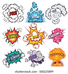 Comics explosion effects set with typographic letterings and clouds of different shape and color isolated vector illustration