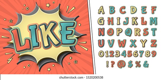 Comics font, funny kid's alphabet in style of pop art. Multilayer retro letters with halftone effect on comic book page for decoration of children's illustrations, posters, advertising