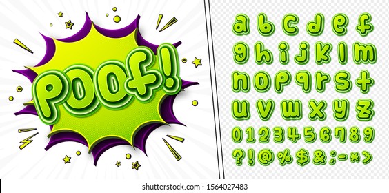 Comics font, funny kid's alphabet in style of pop art. Multilayer green letters with halftone effect on comic book page for decoration of children's illustrations, posters, advertising