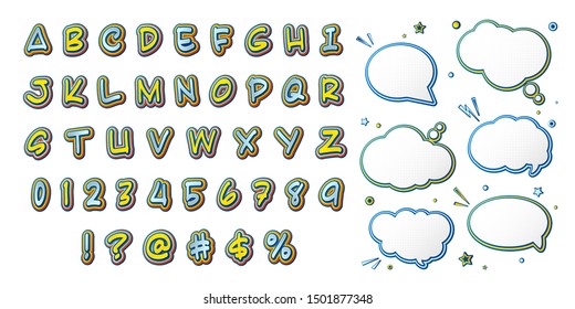 Comics font, kid's alphabet in style of pop art. Multilayer colorful yellow-blue letters with halftone effect and set of speech bubbles for decoration of children's illustrations, posters, advertising