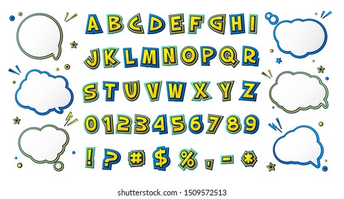 Comics font, kid's alphabet in style of pop art. Multilayer colorful yellow-blue letters with halftone effect and set of speech bubbles for decoration of children's illustrations, posters, advertising