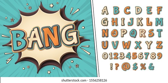 Comics font and poster Bang. Funny kid's alphabet in style of pop art. Multilayer retro letters with halftone effect on comic book page for decoration of children's illustrations, posters, advertising