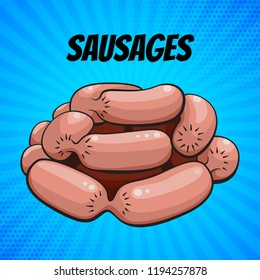 Comics food poster design with vector sausages.