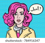 Comics girl, speech bubble. Pop Art, 1950s style poster. Dot background, raster effect. Vector fashion illustration. Hand drawn portrait. Comics story. Colorful. Pink, black, beige, white, blue color