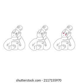 comics girl with tablet with heart eyes on white background valentine card. girl looks with loving eyes at the gadget. one black line woman sit at the table valentine. abstract emotion face comics