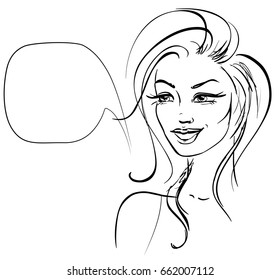 Comics illustration of face of smiling beautiful woman with bubble for speech. Hand drawn vector sketch of a girl.