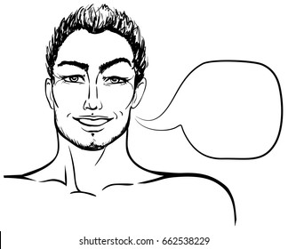 Comics illustration of face of smiling handsome man with bubble for speech. Hand drawn vector sketch of a boy.
