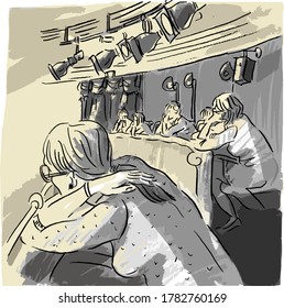 Comics illustration with theater audience sitting in the theater on the balcony, people in the theater, sketch, magazine illustration, book illustration