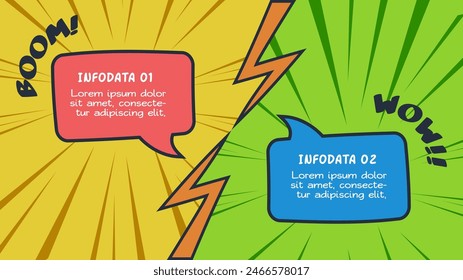 Infografía de cómics con 2 pasos, opciones, partes o procesos. Visualización de datos empresariales. Plantilla infográfica creativa