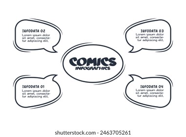Infografía de cómics con 4 pasos, opciones, partes o procesos. Visualización de datos empresariales. Plantilla infográfica creativa