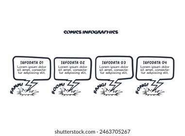 Infografía de cómics con 4 pasos, opciones, partes o procesos. Visualización de datos empresariales. Plantilla infográfica creativa