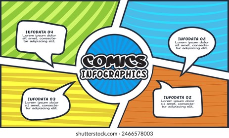 Infografía de cómics con 4 pasos, opciones, partes o procesos. Visualización de datos empresariales. Plantilla infográfica creativa
