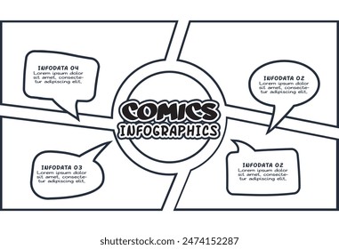 Infografía de cómics con 4 pasos, opciones, partes o procesos. Visualización de datos empresariales. Plantilla infográfica creativa