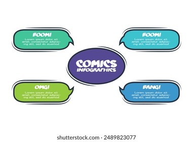 Infografía de cómics con 4 pasos, opciones, partes o procesos. Visualización de datos empresariales. Plantilla infográfica creativa