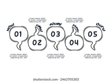 Infografía de cómics con 5 pasos, opciones, partes o procesos. Visualización de datos empresariales. Plantilla infográfica creativa