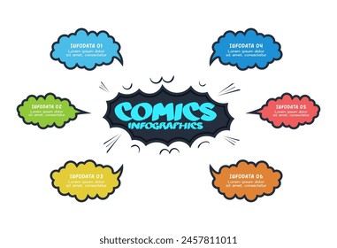 Infografía de cómics con 6 pasos, opciones, partes o procesos. Visualización de datos empresariales. Plantilla infográfica creativa