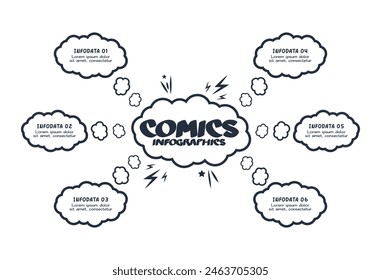 Infografía de cómics con 6 pasos, opciones, partes o procesos. Visualización de datos empresariales. Plantilla infográfica creativa