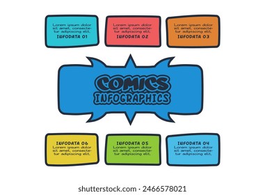 Comics infographic with 6 steps, options, parts or processes. Business data visualization. Creative infographic template