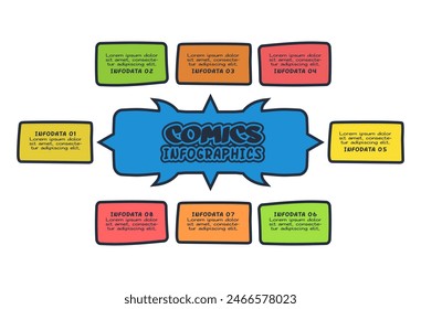 Comics infographic with 8 steps, options, parts or processes. Business data visualization. Creative infographic template