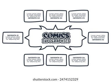 Comics infographic with 8 steps, options, parts or processes. Business data visualization. Creative infographic template