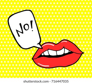 Comics lips and speech bubble. Text No! Vector  illustration. Black and white, red, yellow color