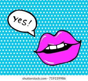 Comics lips and speech bubble. Text Yes! Pop Art, 1950s style poster. Dot background, raster effect. Vector fashion illustration. Hand drawn sketch. Comics story. Colorful. Pink, black, blue color