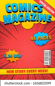 Comics magazine colorful cover with bright wordings speech bubbles humor rays and halftone effects. Vector illustration