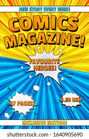 Comics magazine cover template with halftone star shape speech bubbles radial and rays effects different inscriptions. Vector illustration