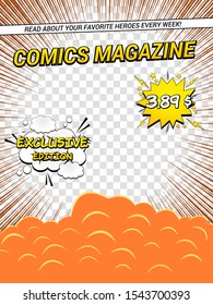 Comics magazine cover template with speech bubbles smoke after explosion rays and different inscriptions on transparent background. Vector illustration