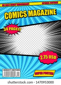 Comics magazine template with colorful wordings speech bubbles different humor effects. Vector illustration