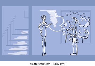 comics. man paints the wall. she said. dialog cloud