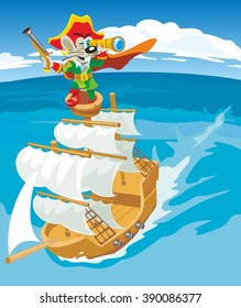 Comics mouse pirate sails on a sailboat. Vector flat illustration