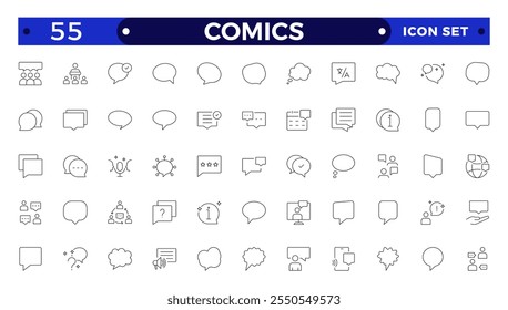 Comics outline icon set. Speech bubble line icon big set. Talk, people, man, user, dialog, chat, cloud etc. Talking, speaking, chatting, screaming, laughing, thinking, dreaming bubbles.