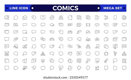 Symbolsatz für Comics-Gliederung. Sprechblasenlinien-Symbol mit großem Satz. Talk, Menschen, Mann, Benutzer, Dialog, Chat, Cloud usw. Reden, sprechen, plaudern, schreien, lachen, denken, träumen Blasen.