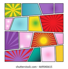 Comics page background with colorful frames of individual design with separate dots pattern and sunbeams vector illustration   