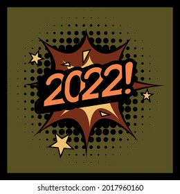 Página de historietas con el año 2022 en un marco de cuadrícula negra, fondo colorido. Concepto creativo de arte pop - portada de la revista de historietas de Año Nuevo 2022. Patrón retro de dibujos animados. Efecto de explosión con estrellas. Retroceso verde