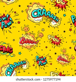 Comics pattern and speech   explosion bubbles yellow background  Nine Wording Sound Effects for Comic Speech Bubble  Boom  poow  pow pow crash  omg    cartoon lettering 