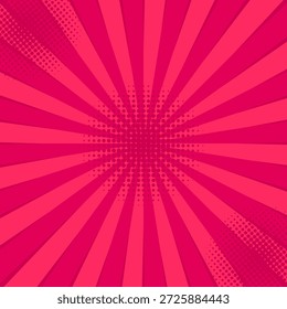 Comics rosafarbener Retro-Hintergrund mit Halbtonecken und Strahlen. Sommerlicher Hintergrund. Vektorgrafik im Retro-Pop-Art-Stil für Comics Buch, Poster, Werbedesign.