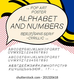Comics pop art alphabet and numbers, vector illustration. 