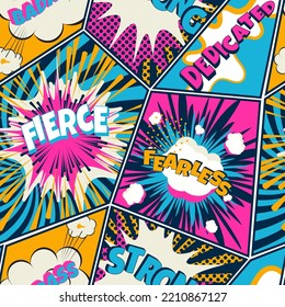 Comics pop art seamless pattern. Retro background with speech bubbles and explosion graphics.